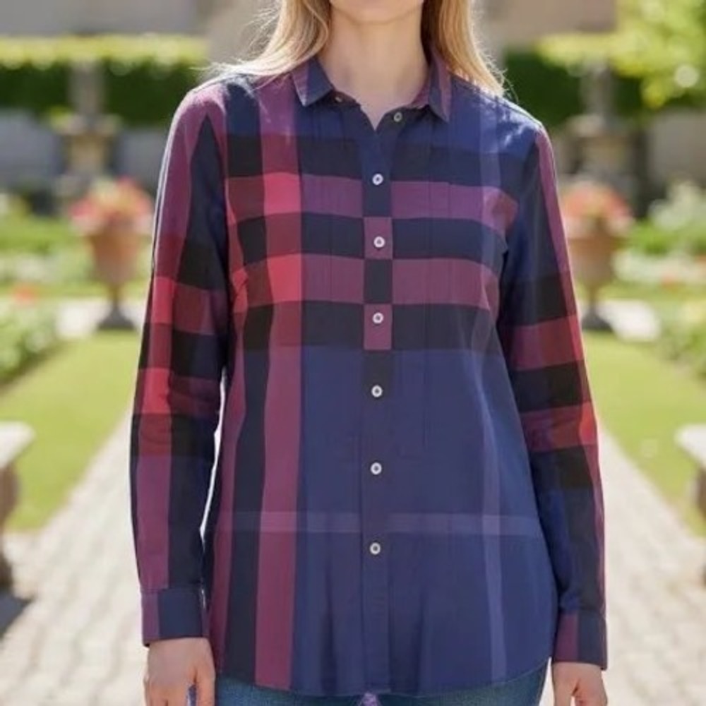 Burberry Brit Womens Plaid Pintuck Button Down Shirt Navy Burgundy Plum Small